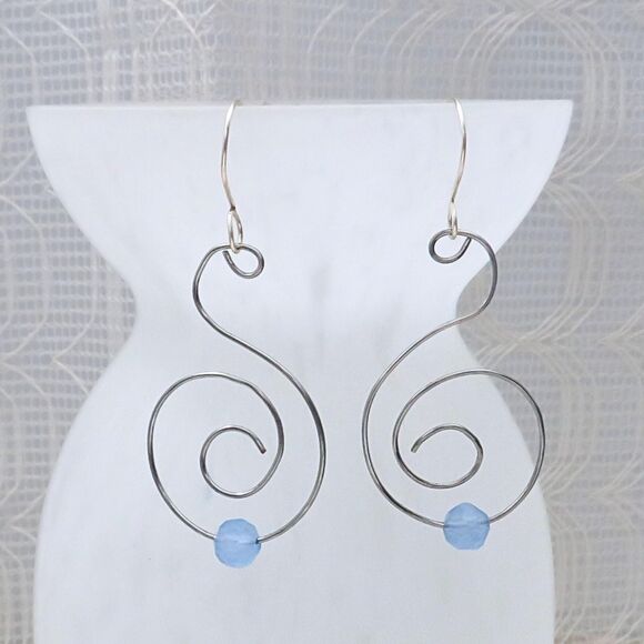 Silver Dangle Spiral Earrings with Blue Stone Handmade Lightweight Drop Earrings - Picture 2 of 8